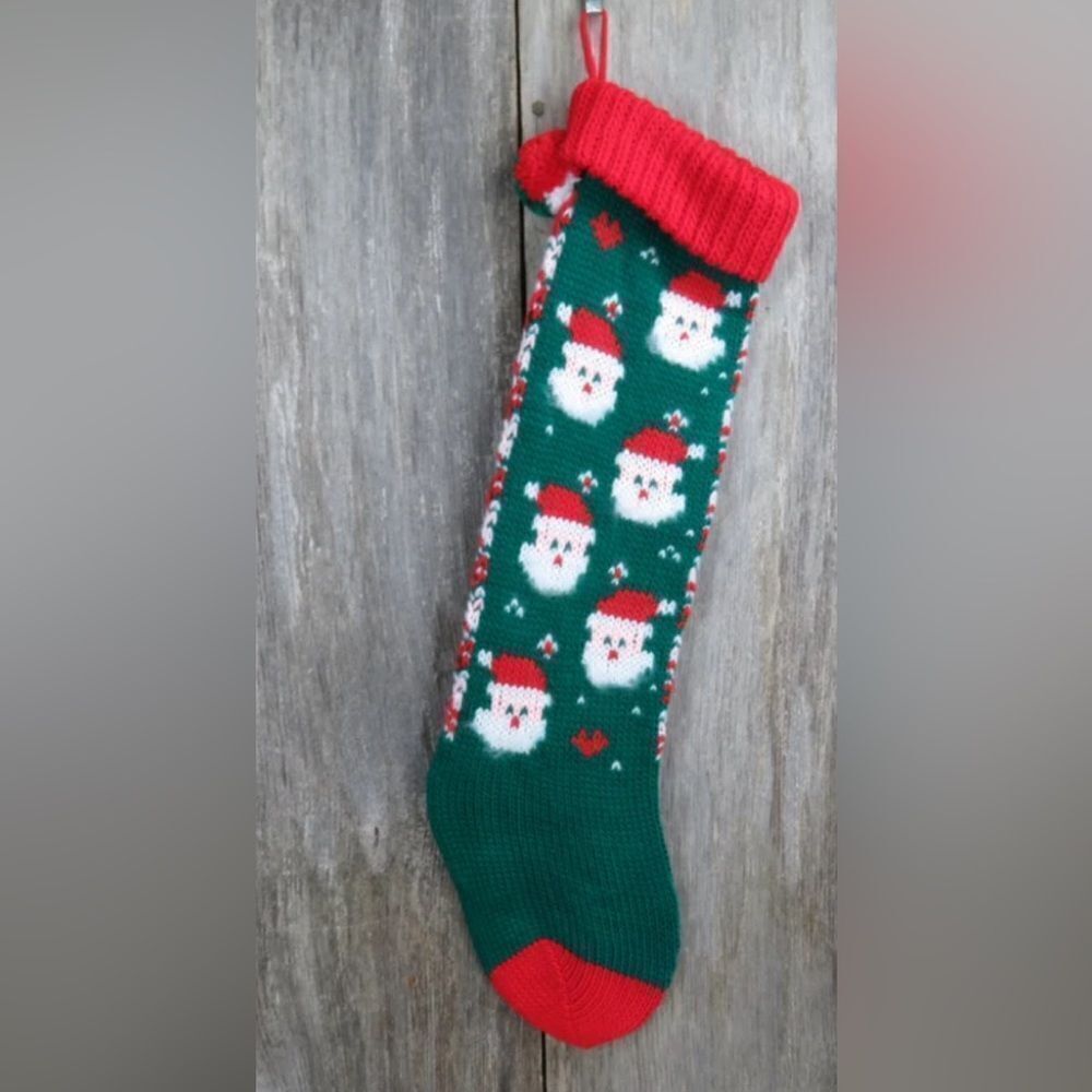 1980s Knit Santa Christmas Stocking - 2 Sided Santa Claus Faces